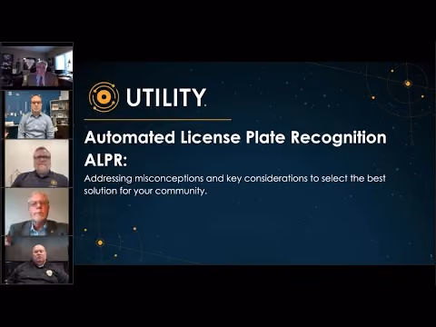 Presentation slide titled Automated License Plate Recognition ALPR with four speakers in video call on left side.