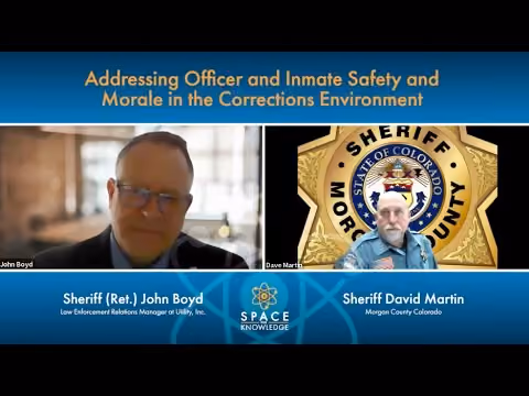 Two men in a virtual meeting with text on officer and inmate safety and morale in corrections.