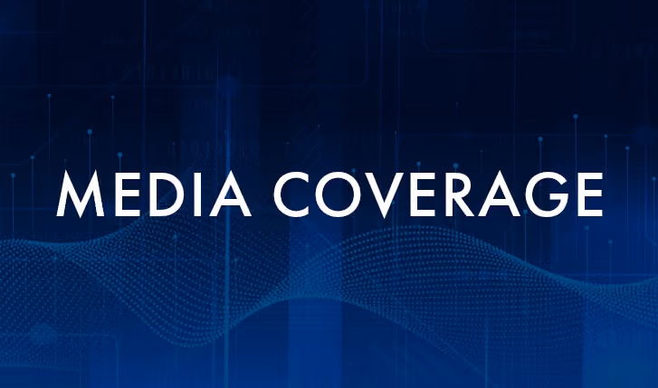 White text reading 'MEDIA COVERAGE' on a dark blue digital wave background.