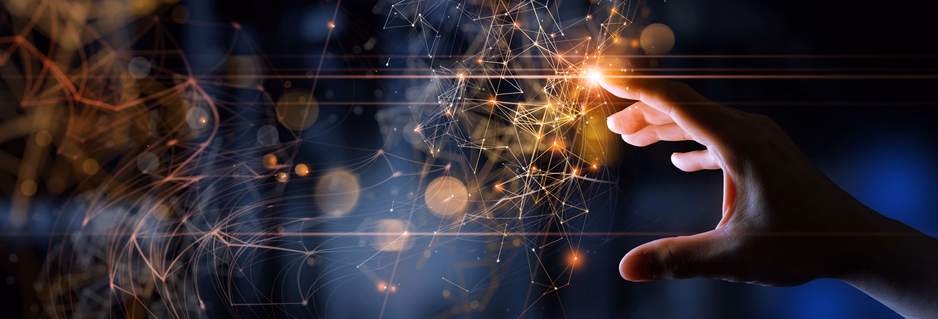 Hand reaching toward glowing, interconnected digital network nodes and lines in dark space.