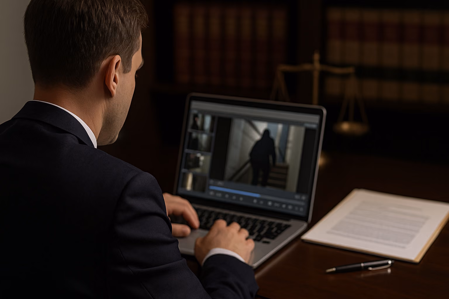 Man in suit reviewing surveillance footage on laptop with legal documents and scales in background.