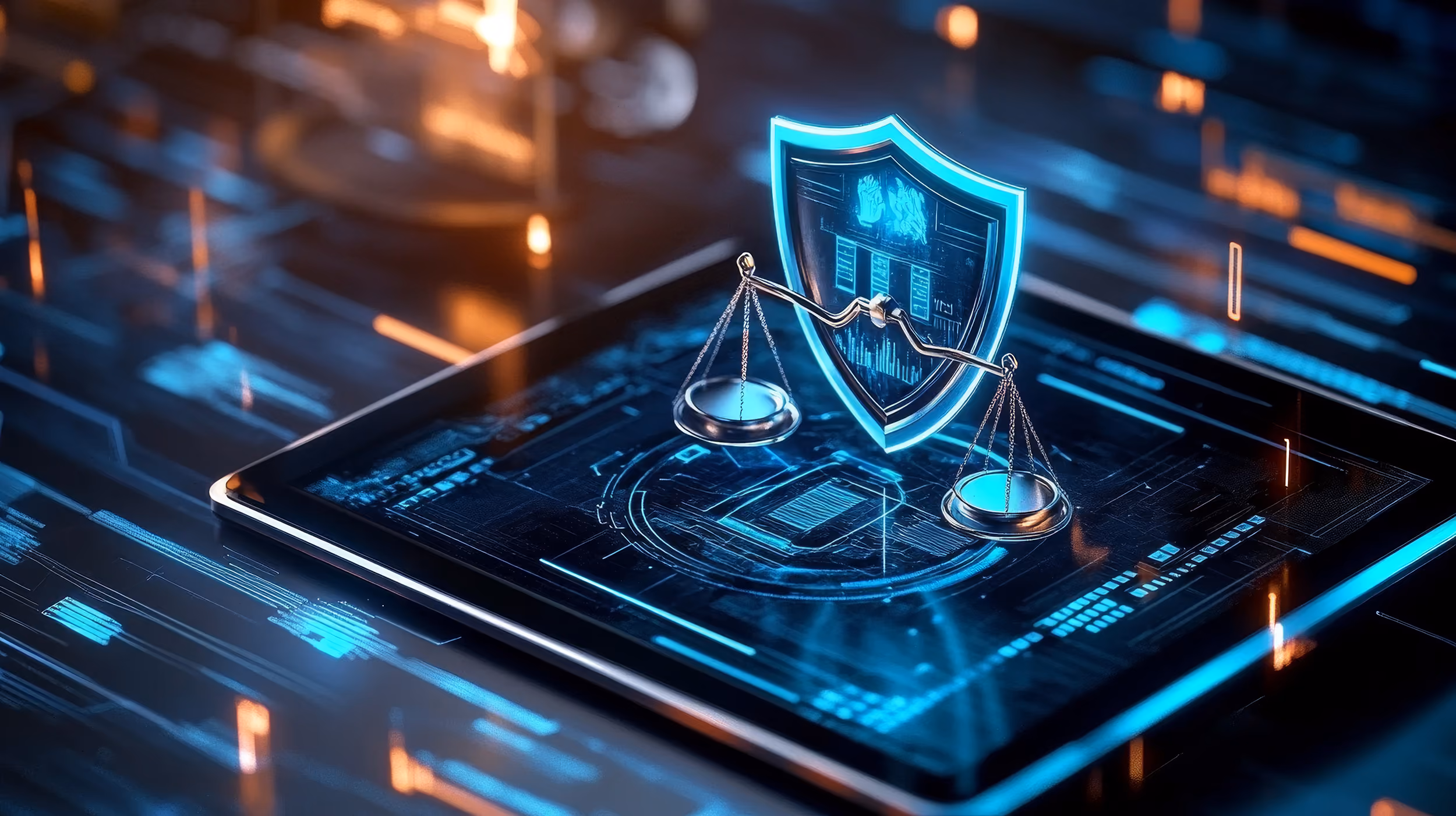 Digital scales of justice and shield icon glowing on a tablet screen with data graphics.