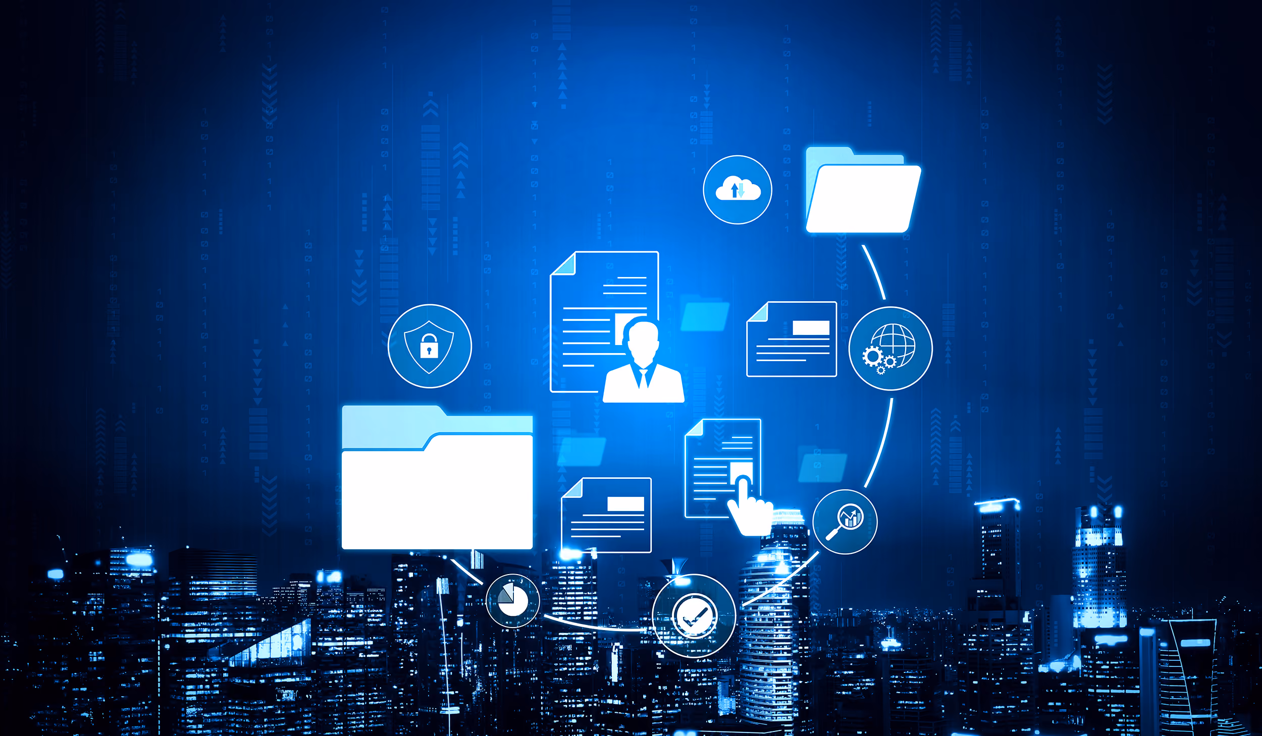 Digital icons of folders, documents, security, and data analytics over a city skyline at night.