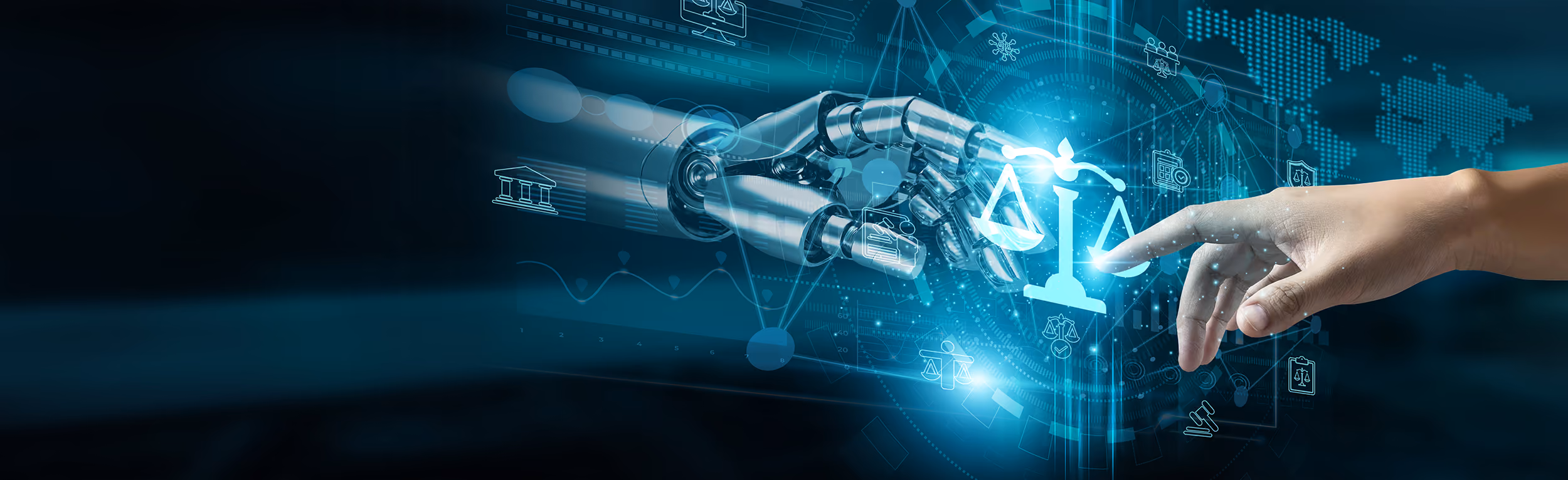 Human hand and robotic hand reaching toward a glowing scales of justice icon with tech background.