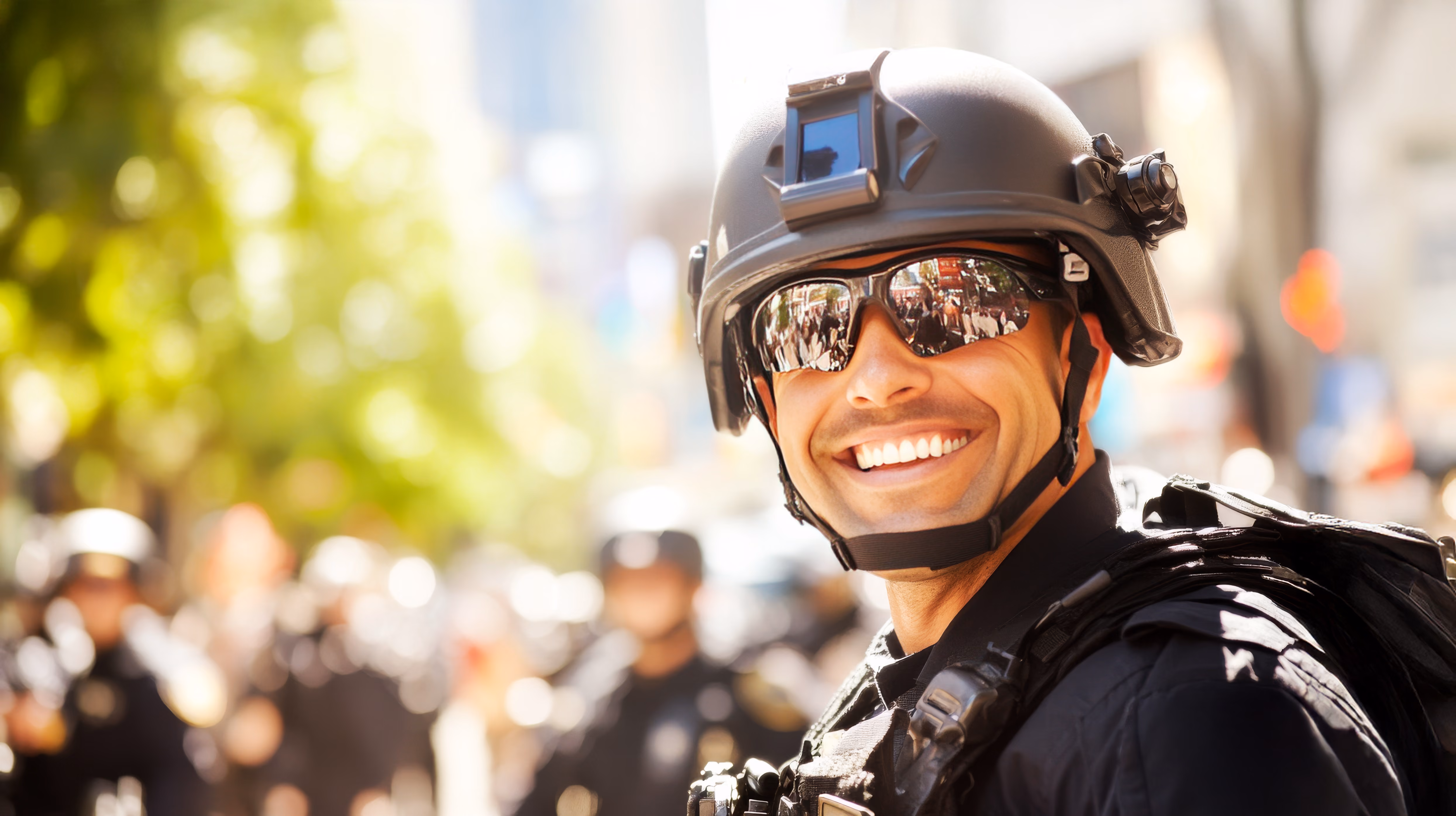 Smiling police officer or soldier wearing helmet and sunglasses in a sunny urban setting.