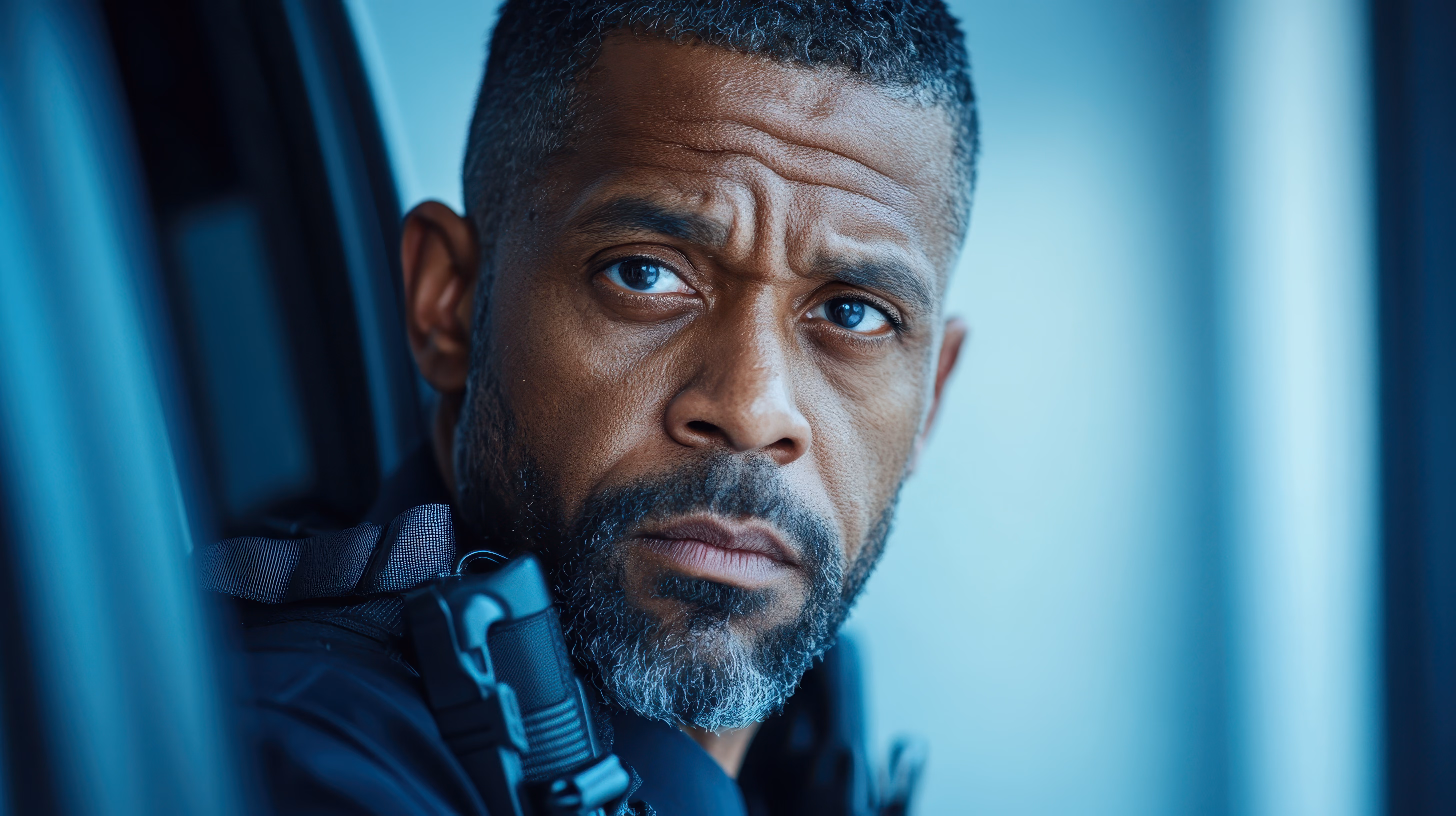 Close-up of a serious man with gray beard wearing a uniform and radio, looking intently to the side.