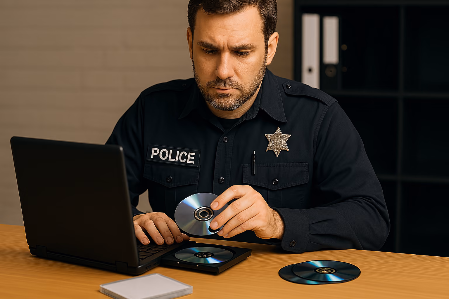 Police officer inserting a disc into a laptop's disc drive, with other discs on the table.