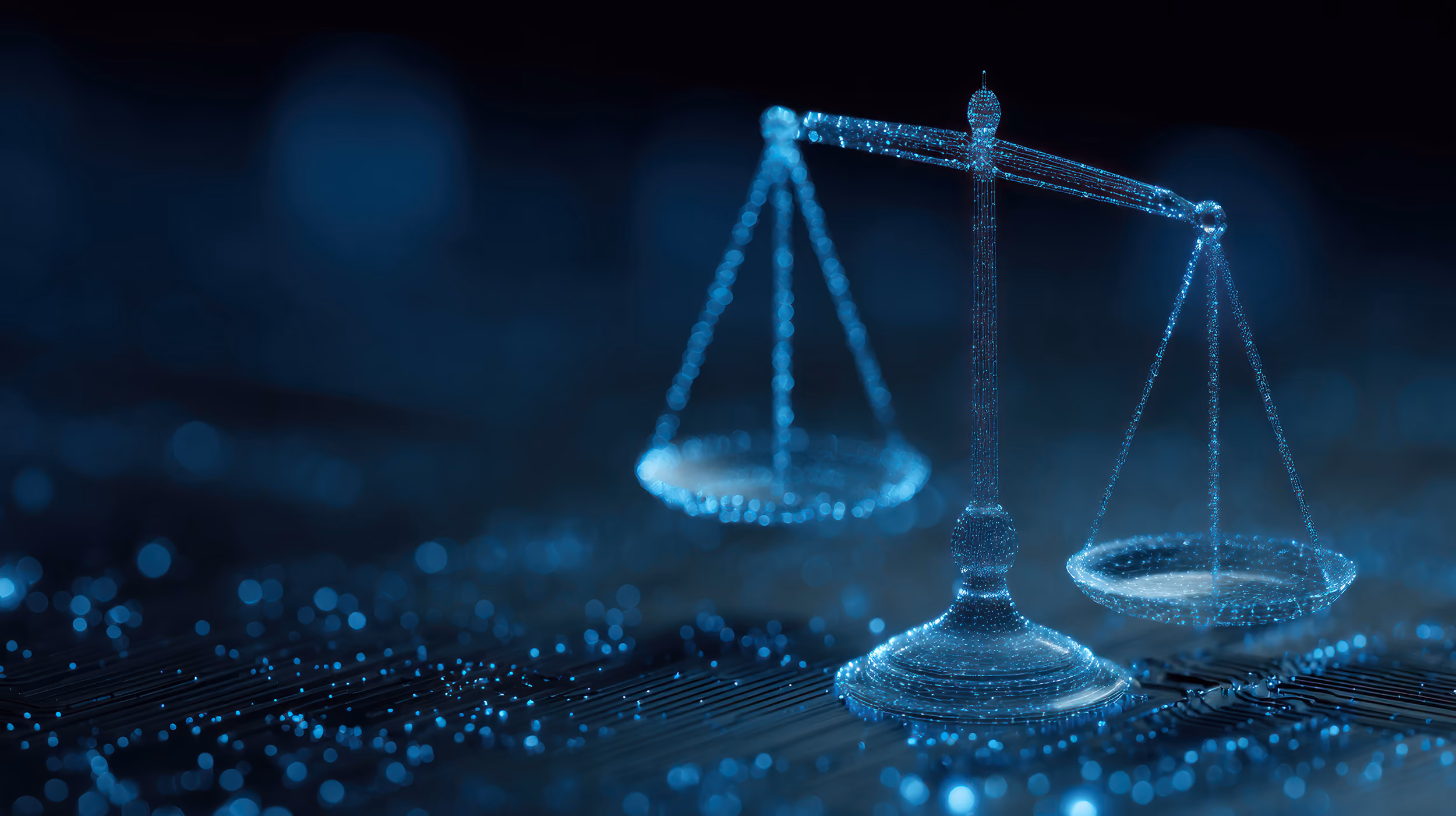 Blue digital scale of justice made of glowing dots on a dark background with bokeh lights.