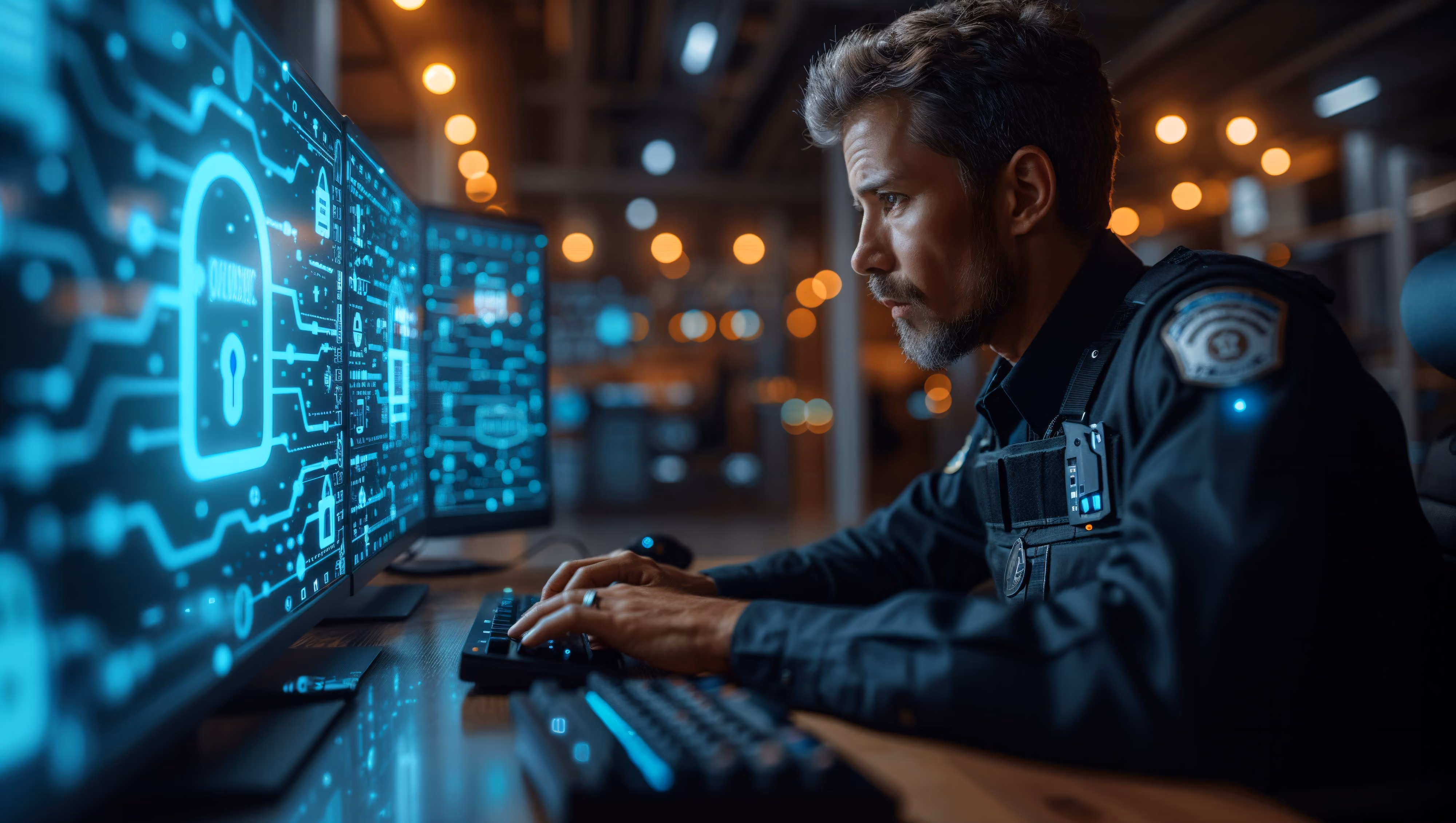 Security officer focused on typing at a desk with glowing digital lock graphics on monitors.