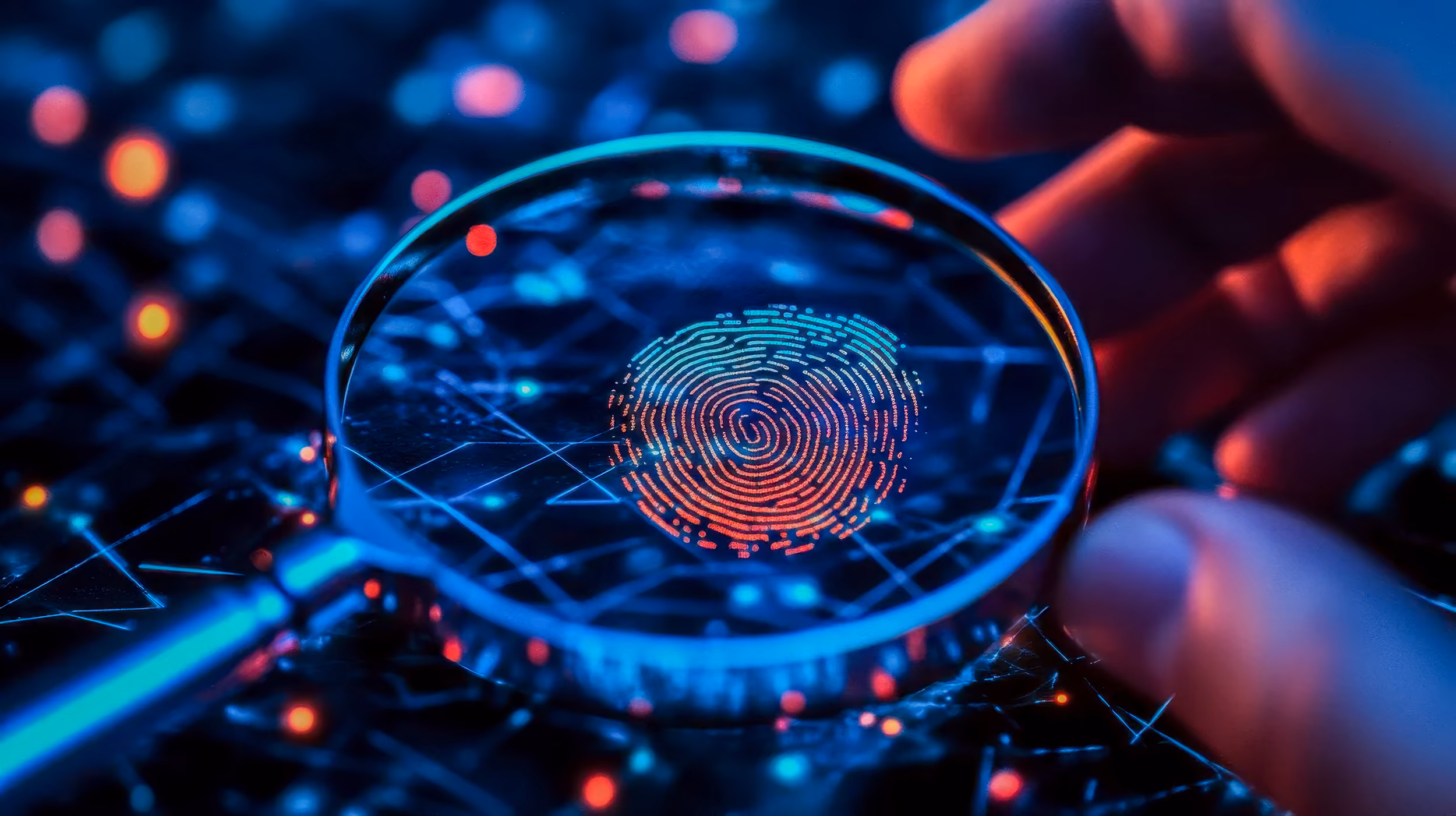 Hand holding magnifying glass over digital fingerprint with blue and red glowing network lines.