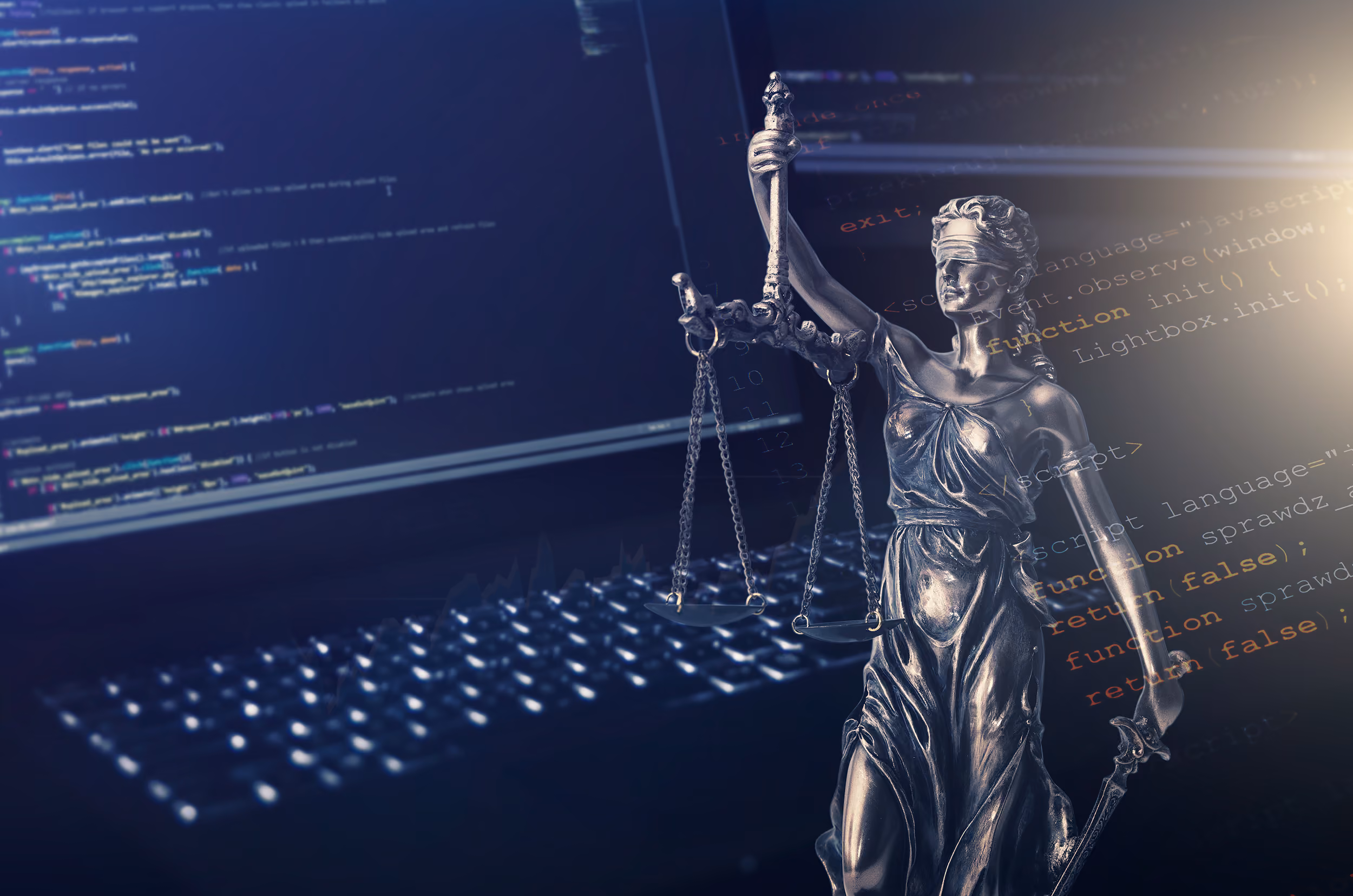 Statue of Lady Justice with scales in front of a glowing laptop screen showing computer code.