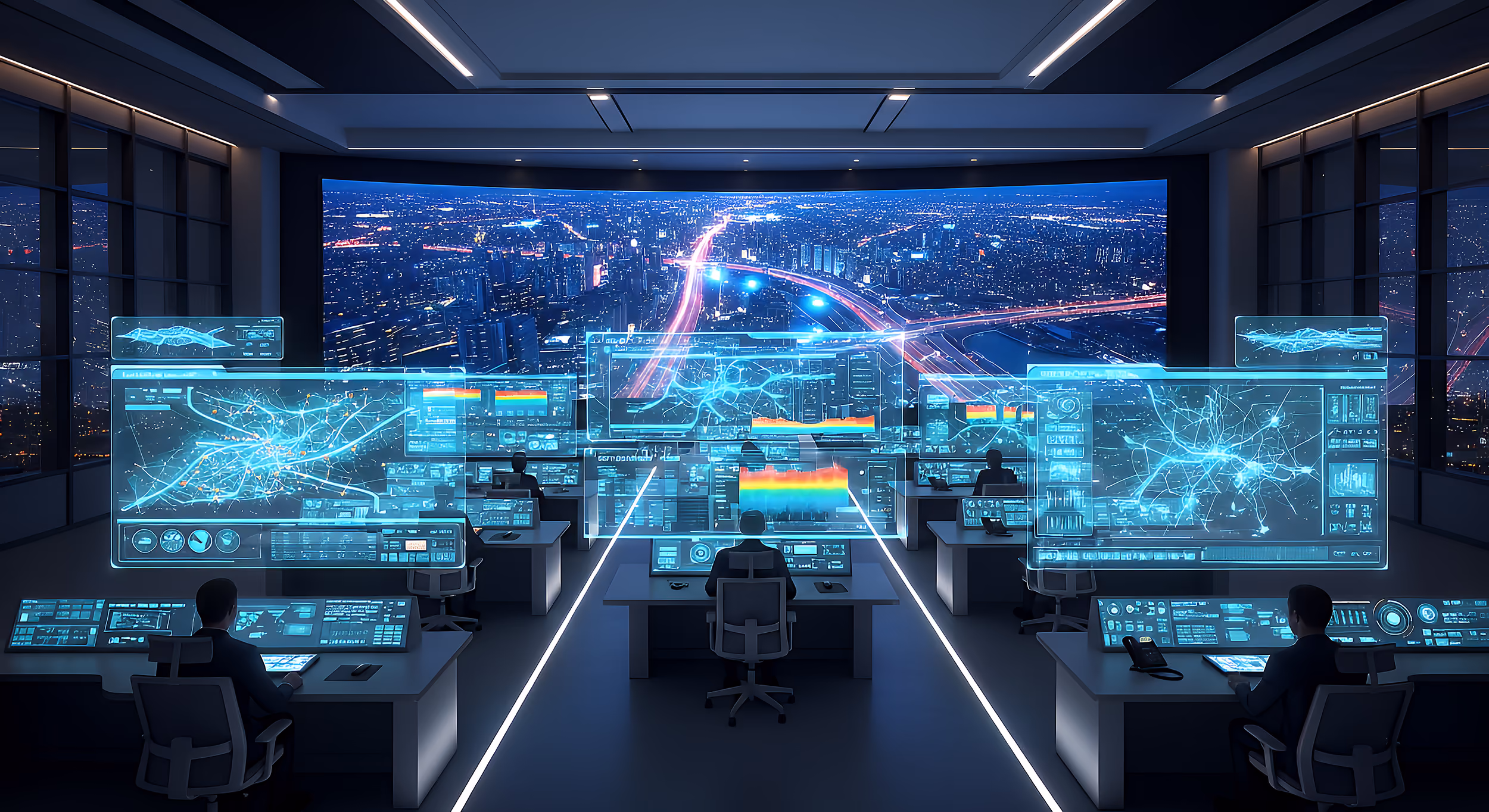 Futuristic control room with people monitoring holographic digital maps and data screens over cityscape at night.