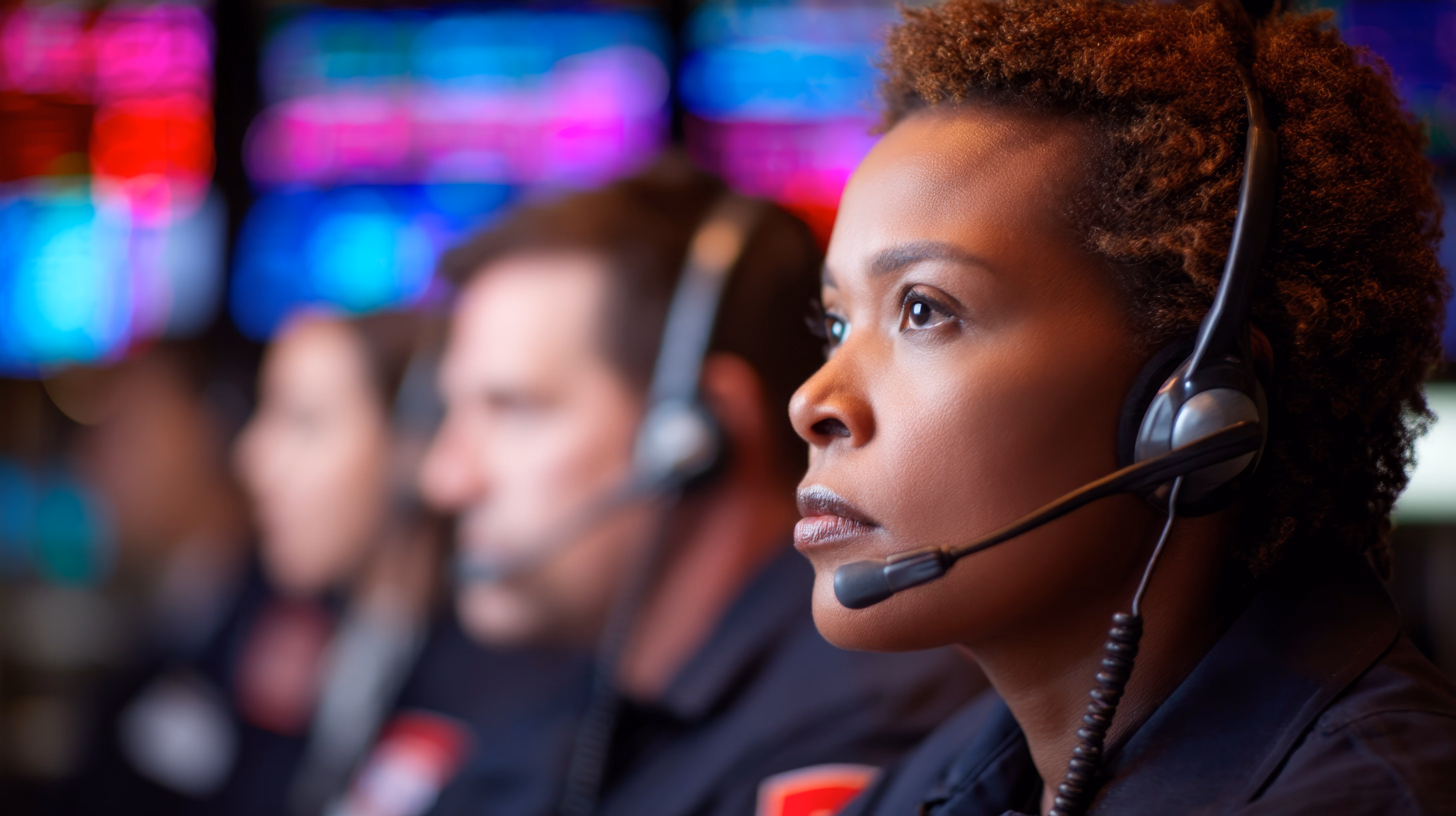 Focused female call center agent wearing headset with blurred colleagues and colorful screens in background.