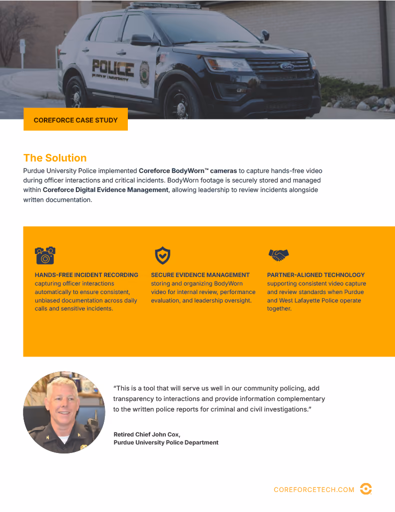 Purdue University police SUV parked with text about Coreforce BodyWorn cameras and testimony from retired chief.