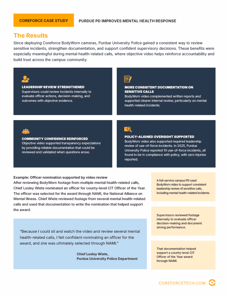 Infographic detailing Purdue PD’s improved mental health response using Coreforce BodyWorn cameras and video review.