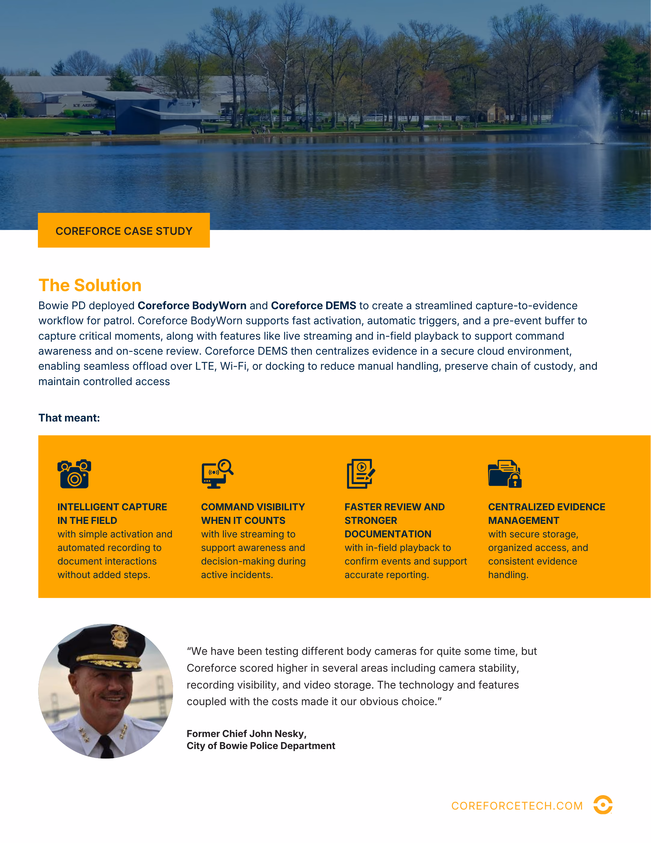 Police chief portrait with text describing Coreforce BodyWorn and DEMS benefits in evidence capture and review.