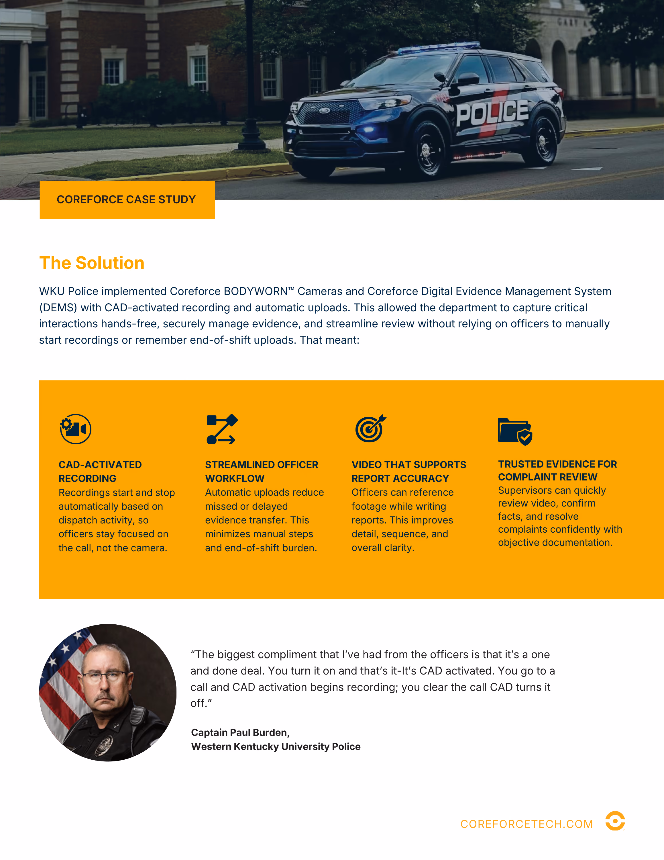 Police SUV driving on a street in front of a building with a police case study and solution text below.