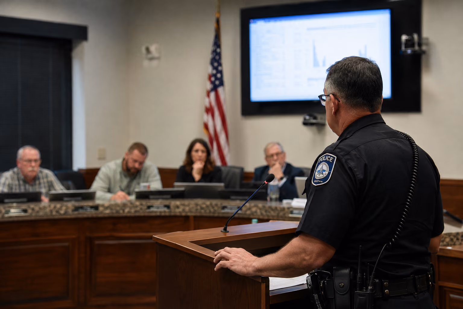 Police officer speaking at a council meeting with members listening and an American flag in background.