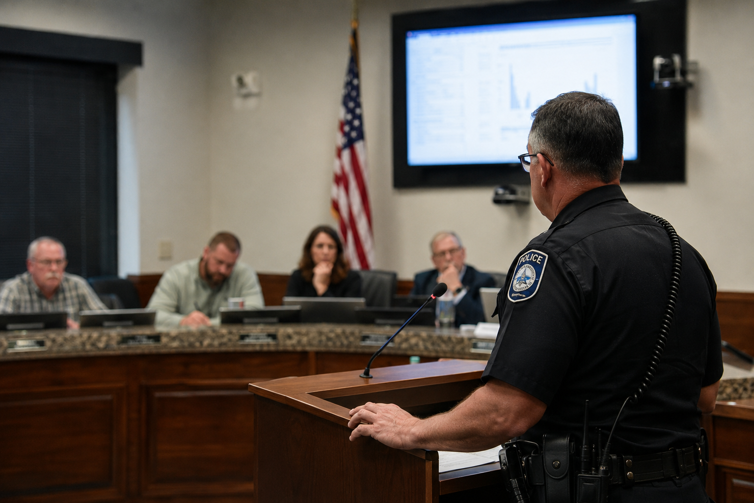 Police officer speaking at a council meeting with members listening and an American flag in background.