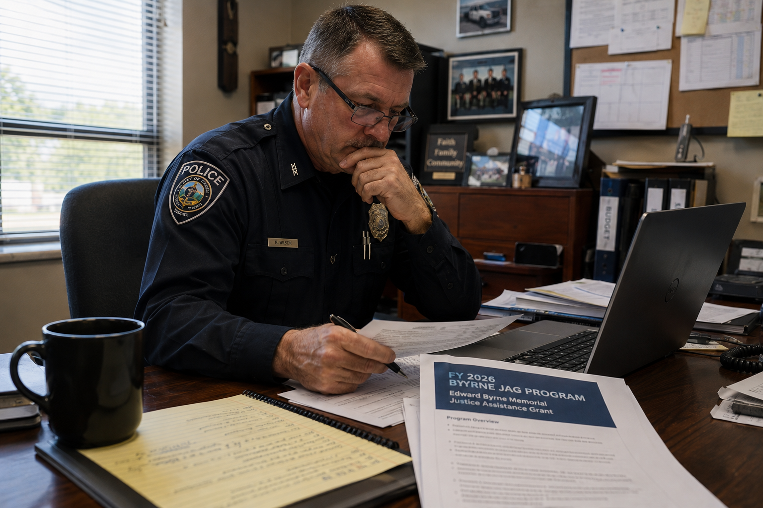 Police officer in uniform reviewing grant program documents at a desk with laptop and papers.