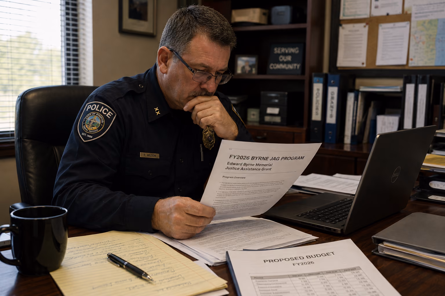 Police chief in uniform reviewing FY2026 Byrne JAG program documents at desk with laptop and papers.