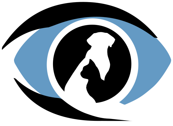 Veterinary Eye Clinic icon only. Silhouette of dog and cat in the iris of an eye. 