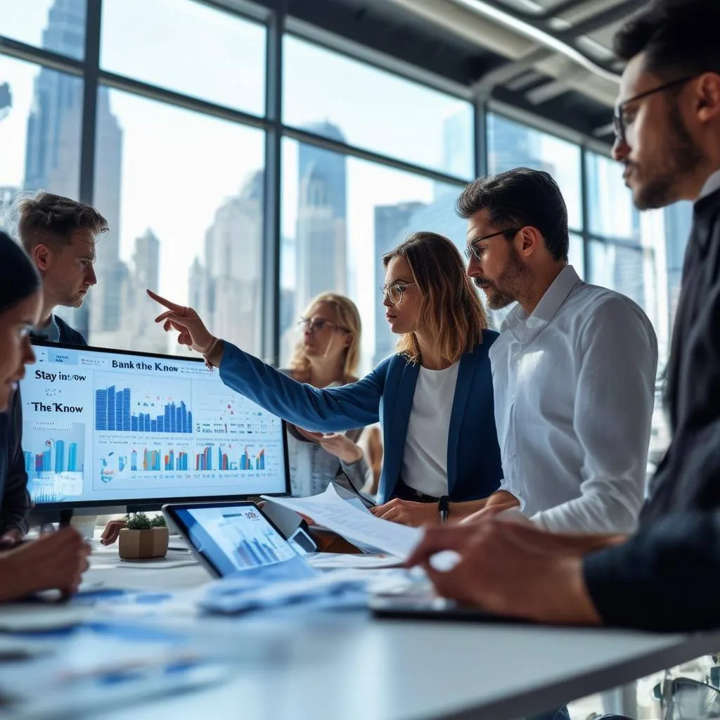 The image depicts a sleek, modern office environment filled with professionals engaged in collaborative discussions