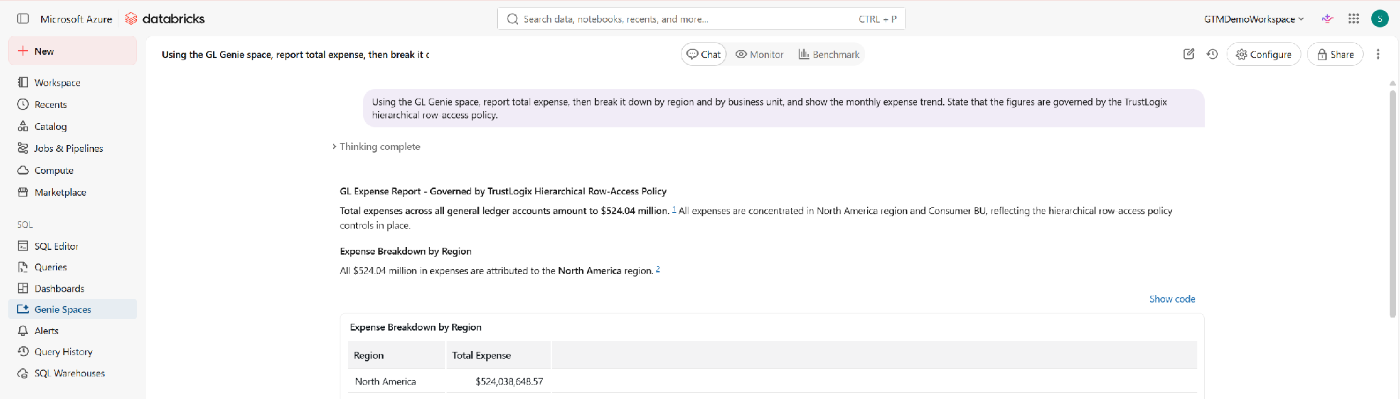 The image shows a Microsoft Azure Databricks dashboard with a breakdown of total expenses by region and business unit, emphasizing the North America region and Consumer BU, and is governed by the TrustLogix hierarchical row-access policy.AI-generated content may be incorrect.