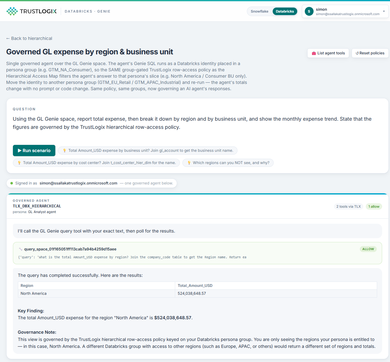 The image shows a user interface displaying a dashboard with a list of governed expenses by region and business unit, featuring tools for reset policies and a scenario to report total expenses.AI-generated content may be incorrect.