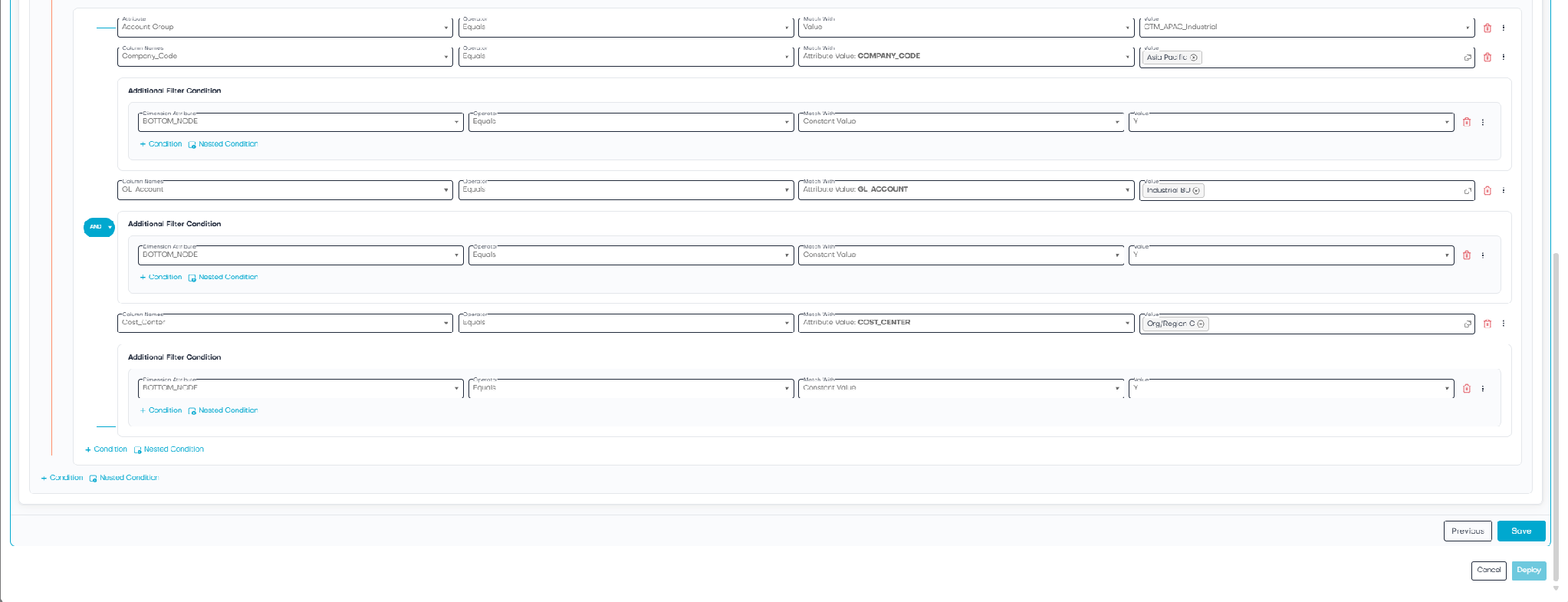 The image depicts a form with various fields, including company codes, account types, cost centers, and regions, arranged in a tabular format, possibly for data entry or configuration in a software application.AI-generated content may be incorrect.
