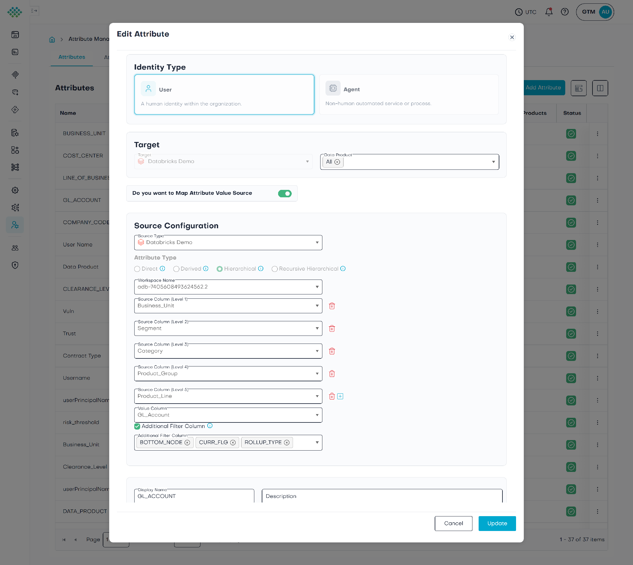 The image shows a software application interface with a form, likely for data management, featuring various input fields for attributes such as identity types, attributes, status, targets, and data products.AI-generated content may be incorrect.