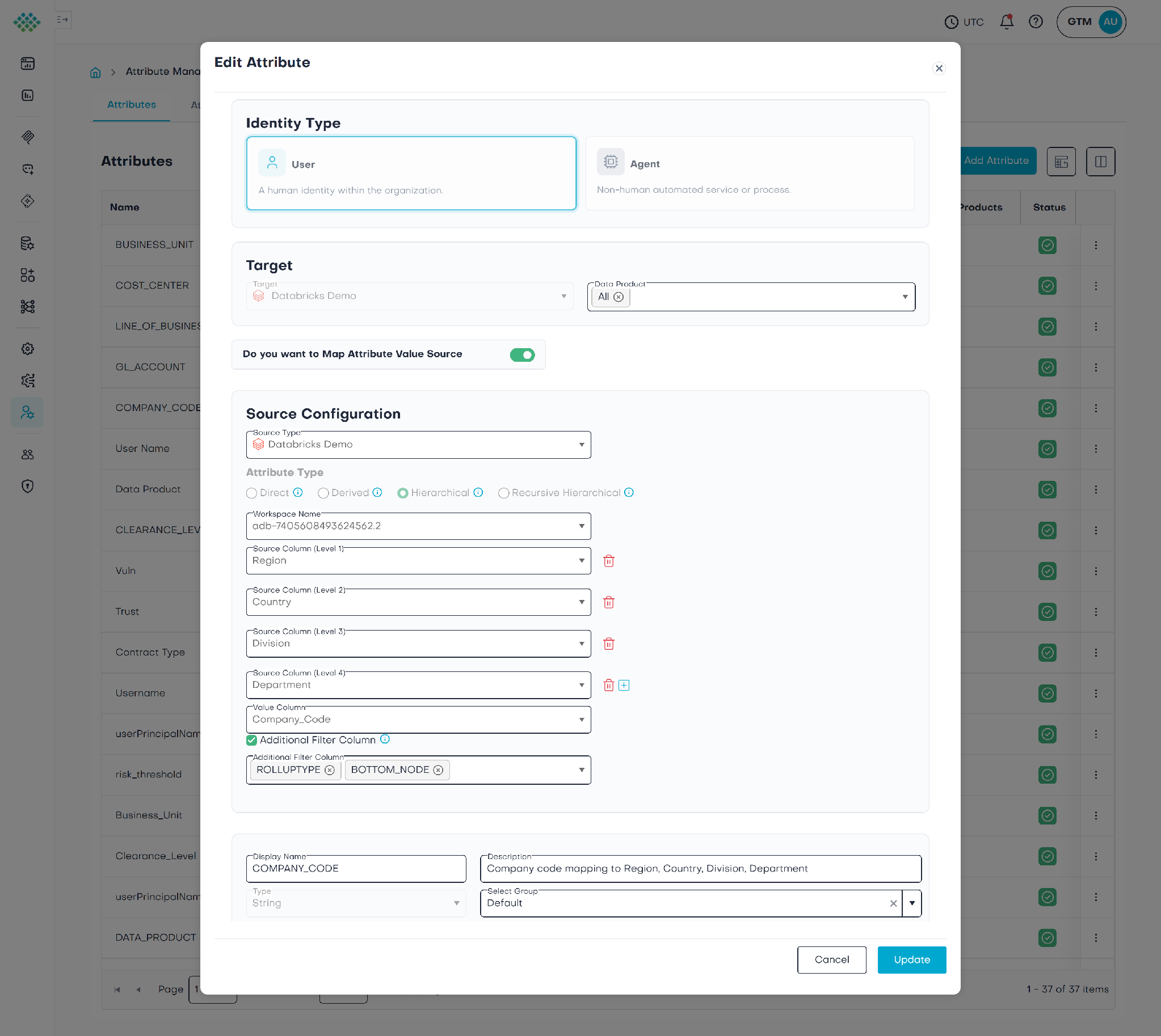 The image depicts an interface screen from an application, possibly a data management or CRM system, showcasing various attributes, categories, and filters for managing and mapping data attributes such as identity types, cost centers, and user names.AI-generated content may be incorrect.