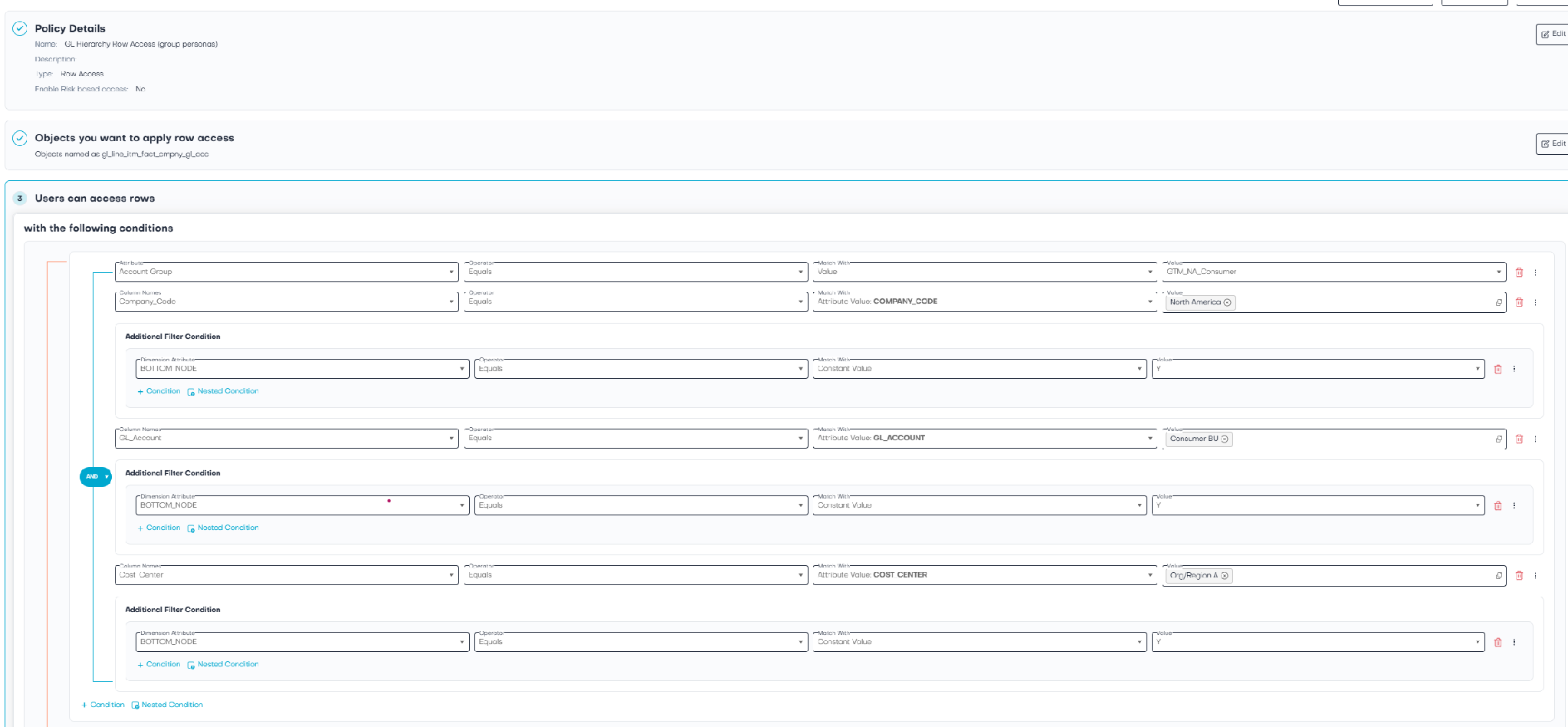 The image shows a user interface with a form for setting up a hierarchical row access policy for an organization, specifying attributes and conditions for access control.AI-generated content may be incorrect.