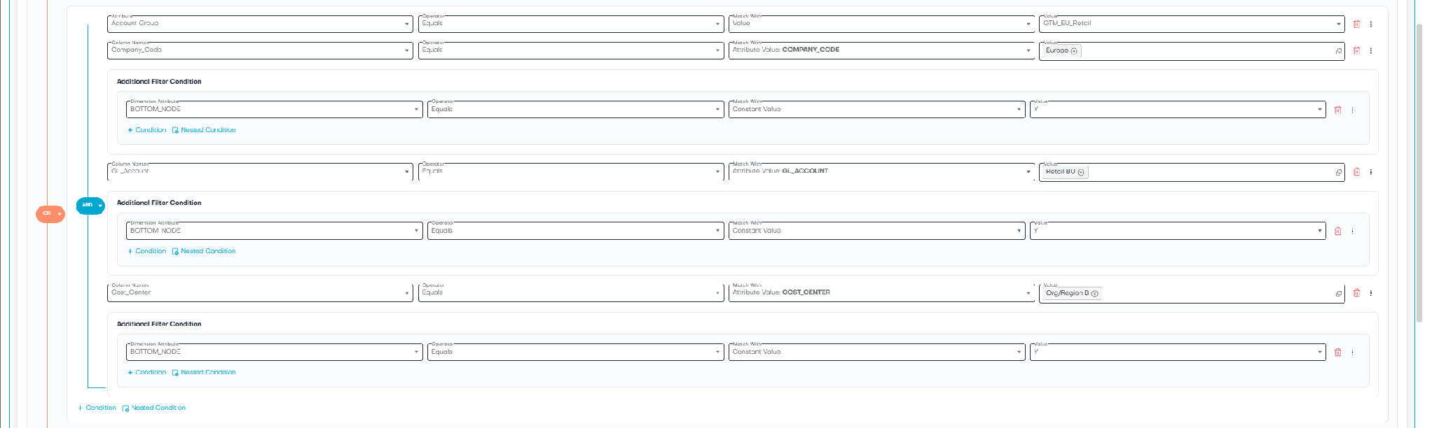 The image depicts a data entry form with fields for account group, value, and additional filter conditions, showcasing various attributes and their corresponding values.AI-generated content may be incorrect.
