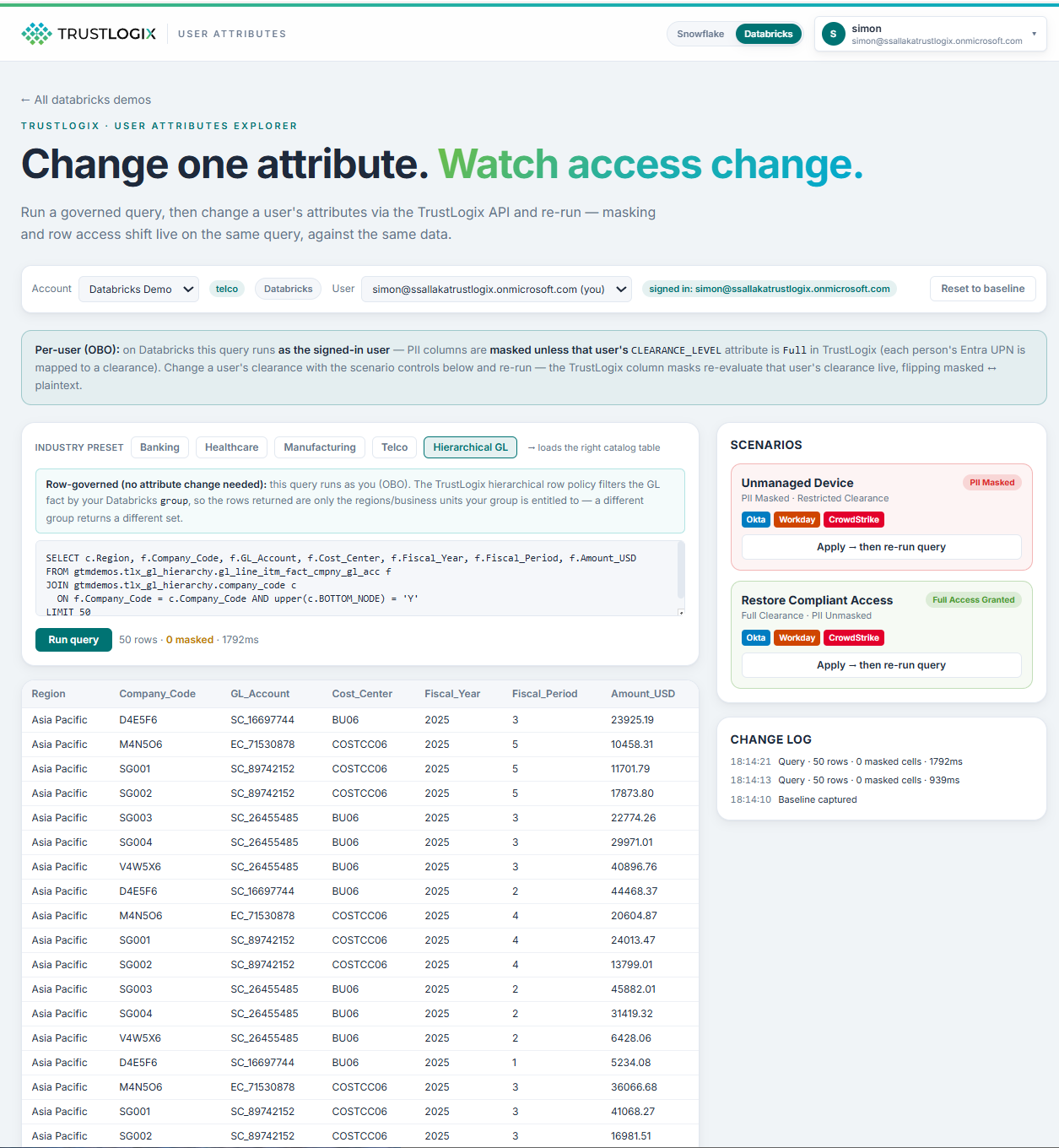 The image displays a user interface for the TrustLogix User Attributes Explorer, showcasing options for changing user attributes, running governed queries, and masking data based on clearance levels.AI-generated content may be incorrect.