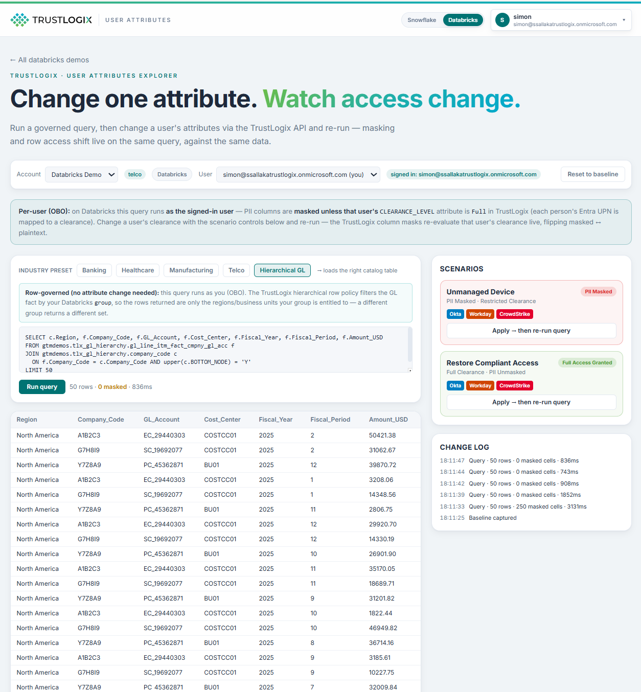 The image shows a user interface with various sections related to user attributes, including databases like Snowflake and Databricks, and features such as attribute changes, governed queries, and data masking.AI-generated content may be incorrect.