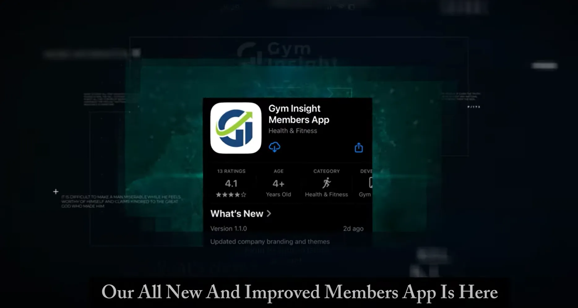 A screen with a gym app that says all new and improved members app.