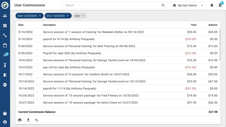 A list of personal training sessions for George Testa.