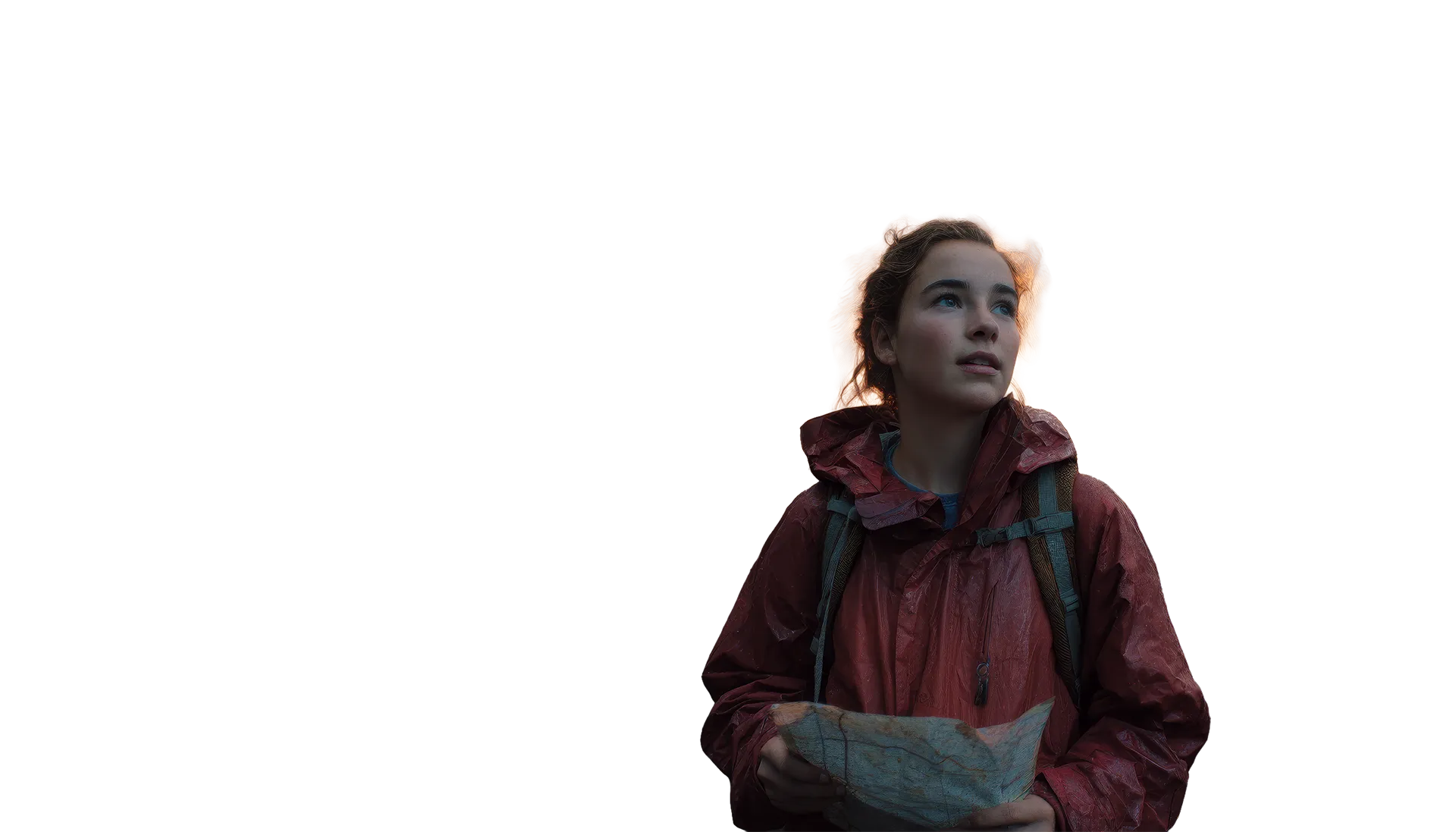 Woman in a red rain jacket holding a map, looking thoughtfully into the distance with a sunset background.