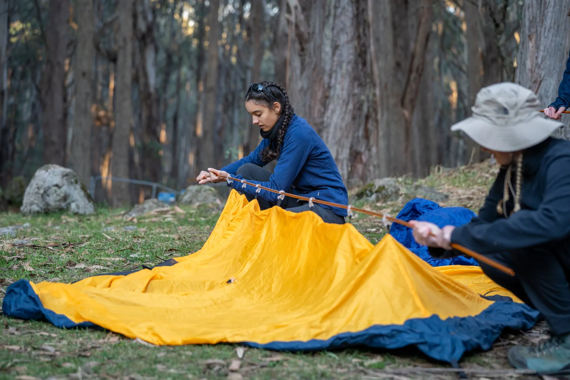 Two people setting up a yellow and blue tent in a forested area.