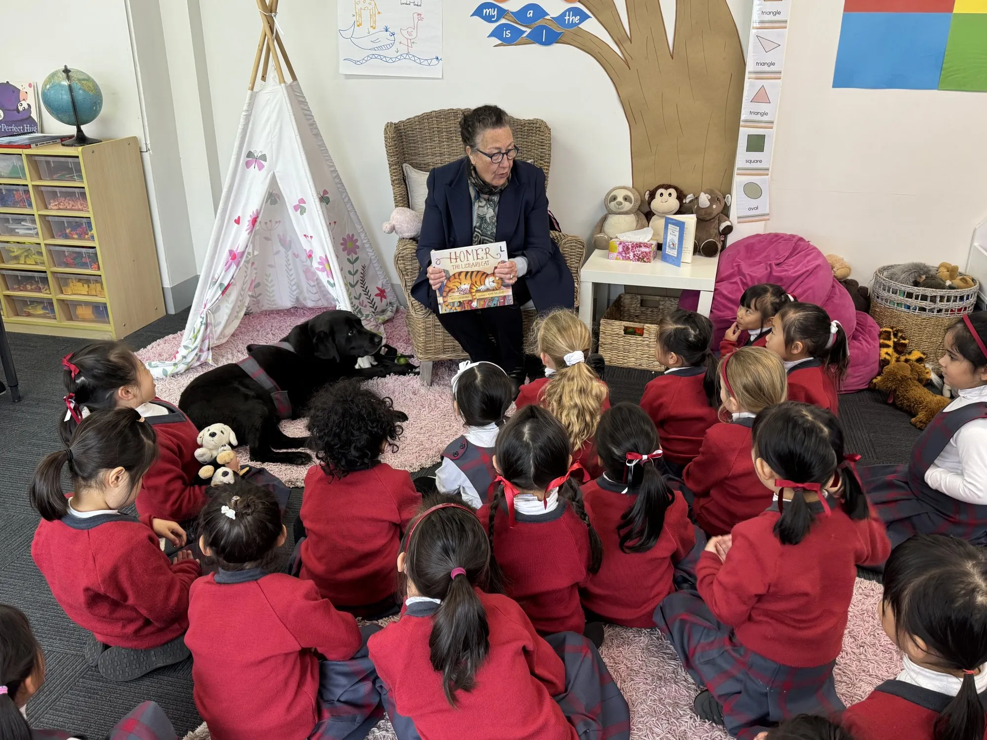 Teacher reading a book titled 'Homer the Library Cat' to a group of young students seated on the floor, with a black dog lying nearby, in a colorful classroom.