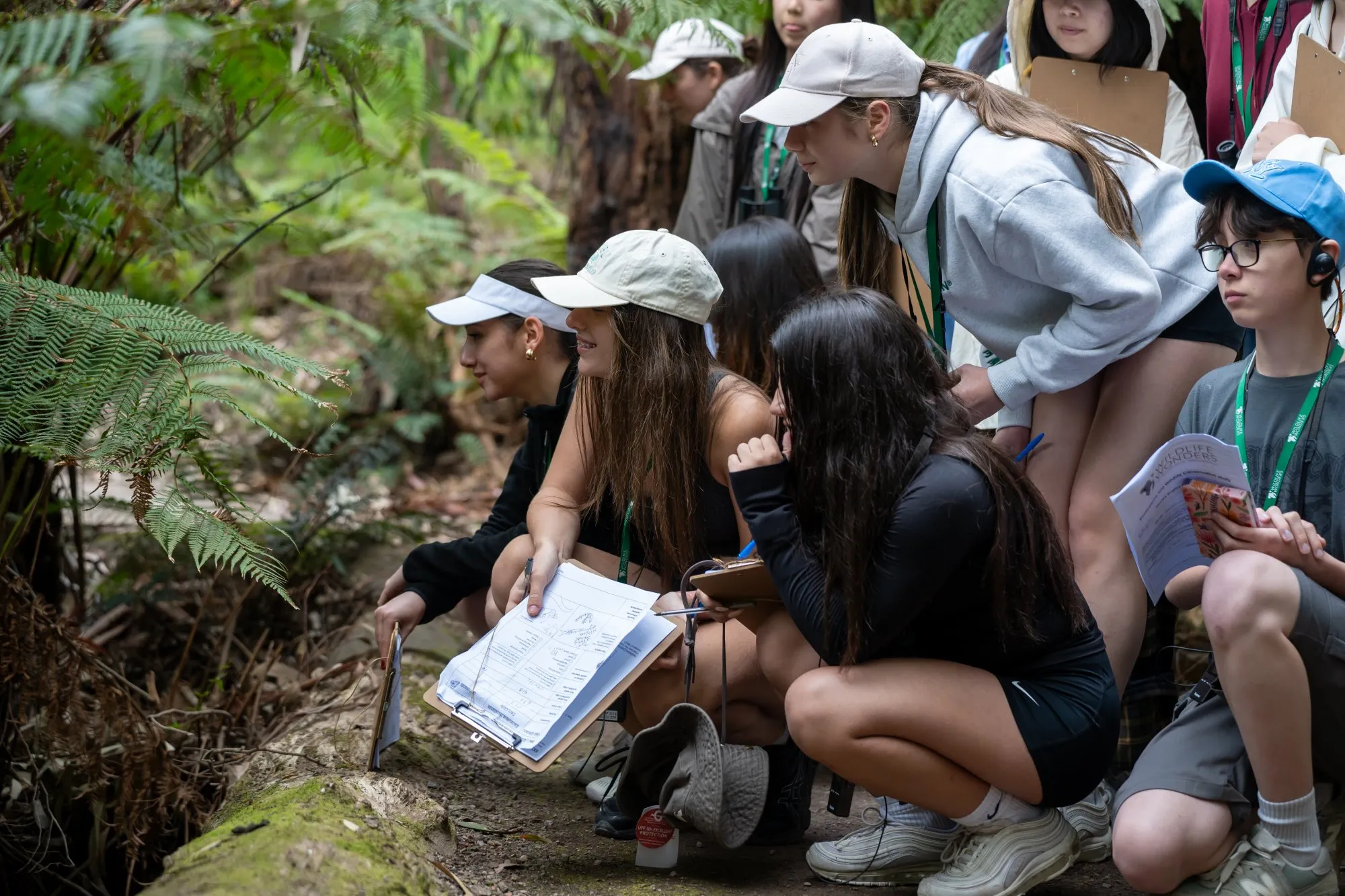 Group of young people outdoors examining plants and taking notes during a nature study.