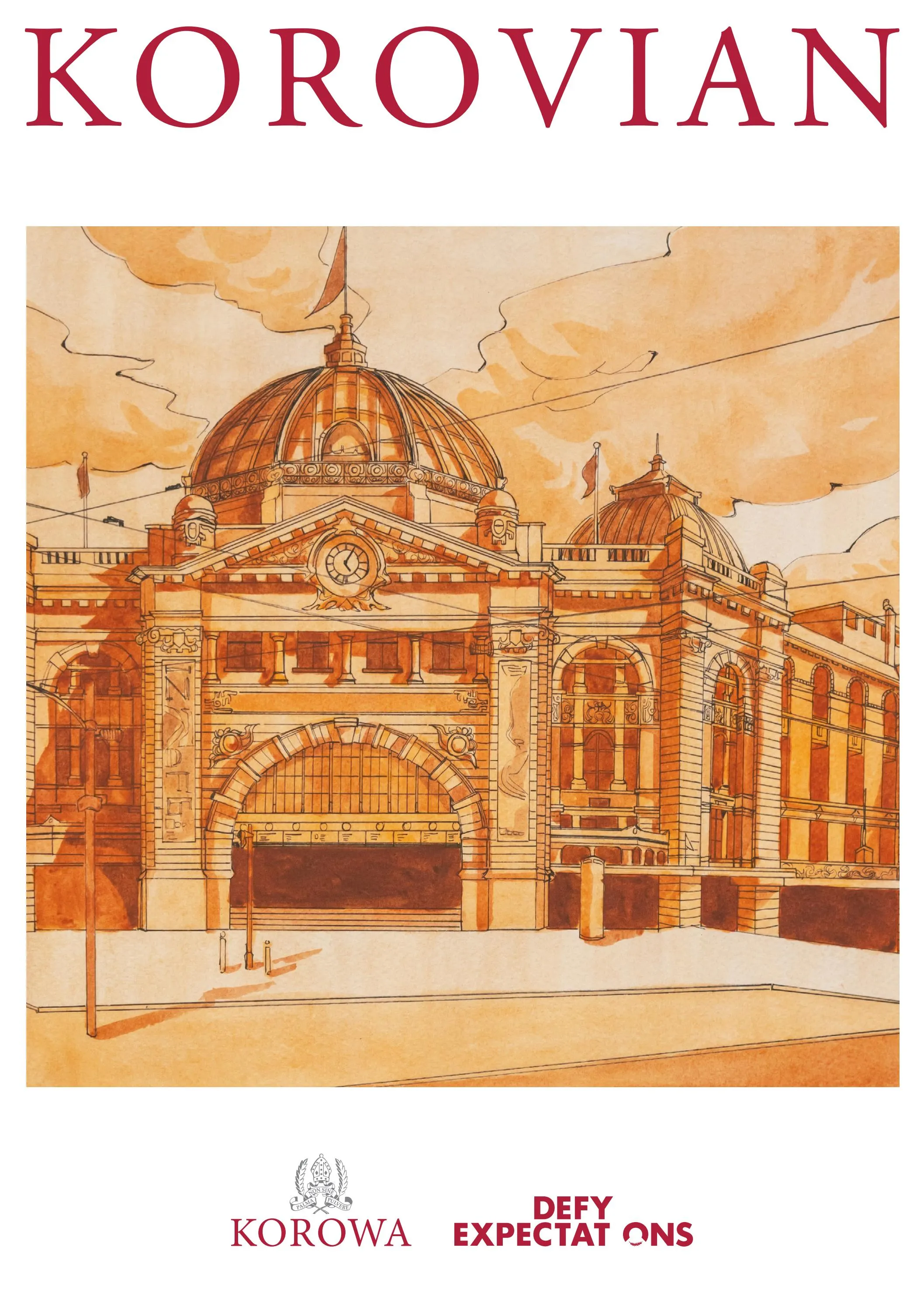 Illustration of a historic domed building with arched entrances and clock, labeled Korovian with Korowa logo and 'Defy Expectations' slogan below.
