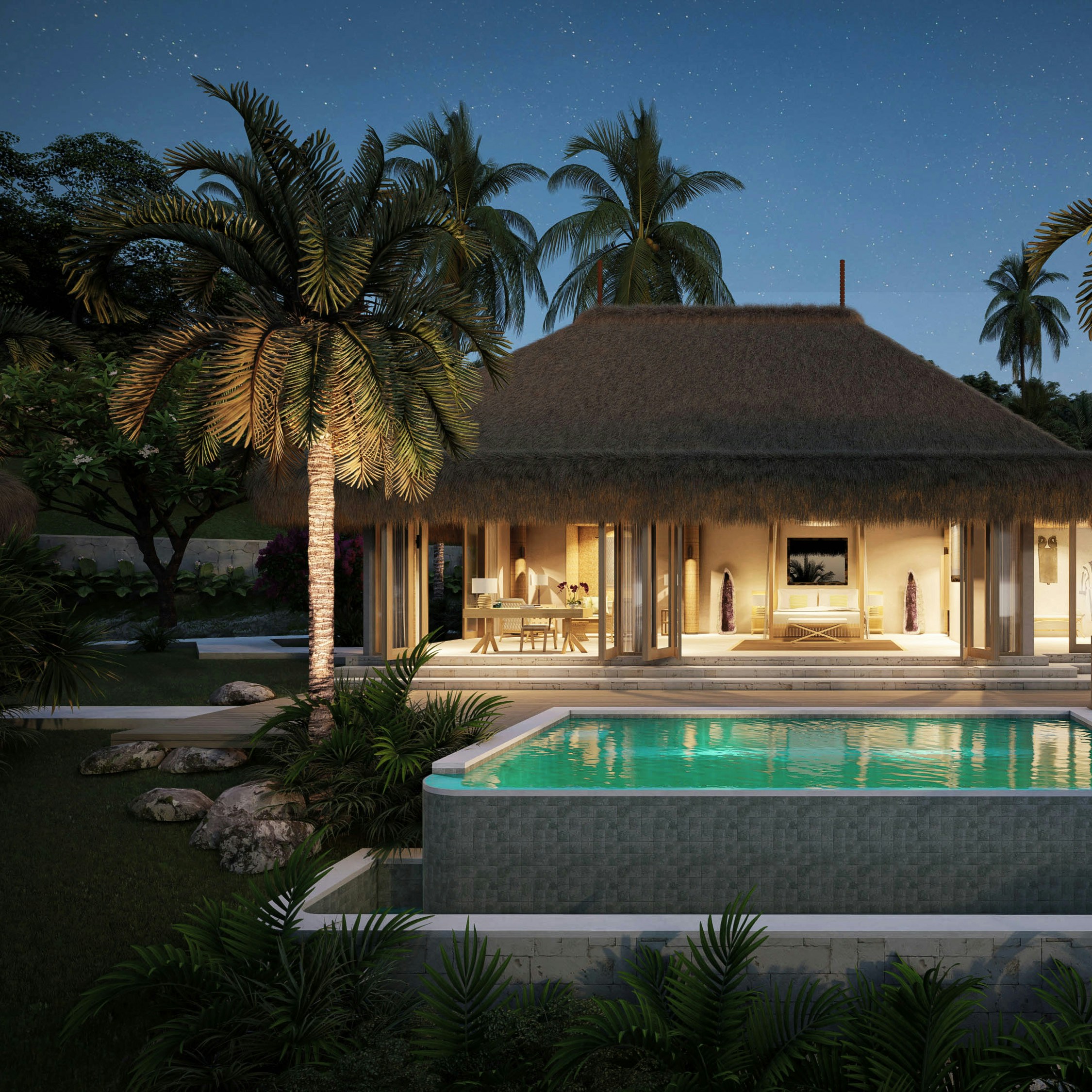 Tropical villa beside a pool, illustrative image of the Panama-style setting of Occupation Double