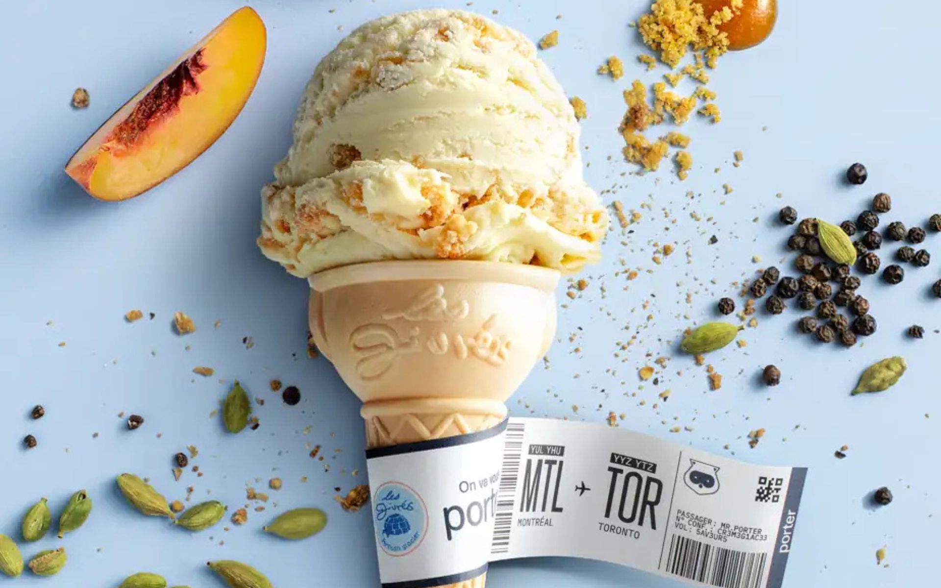 Porter Airlines x Les Givres branded ice cream cones featured in Alexane Pelletier's 1.3 million view Instagram reel