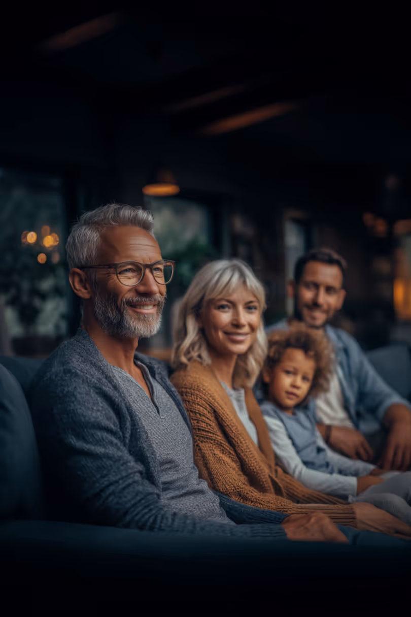 Smiling older man with gray hair and glasses sitting next to a smiling woman with blonde hair and a young boy in a cozy indoor setting.