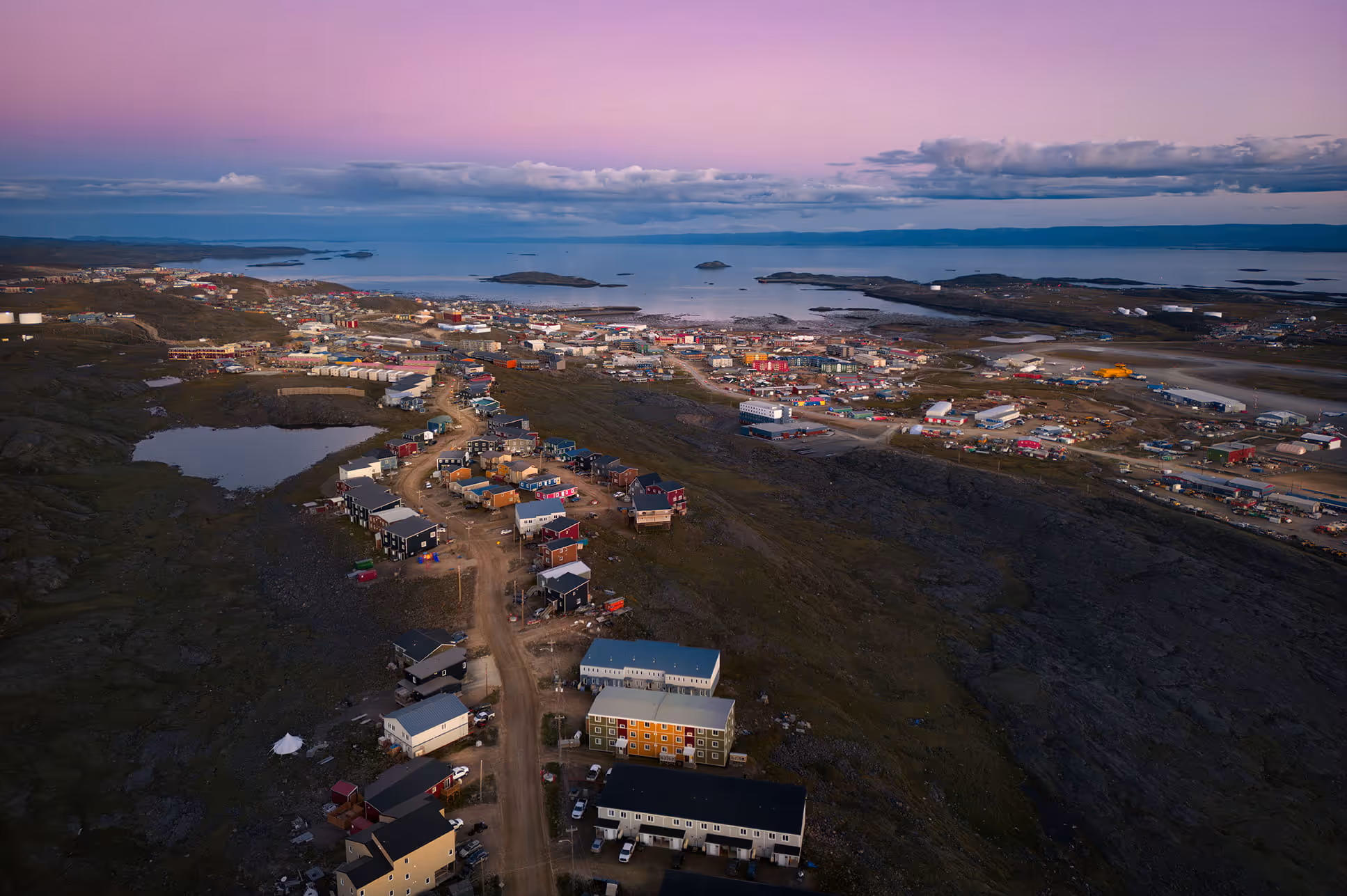 Birds eye view of Iqaluit at sunset