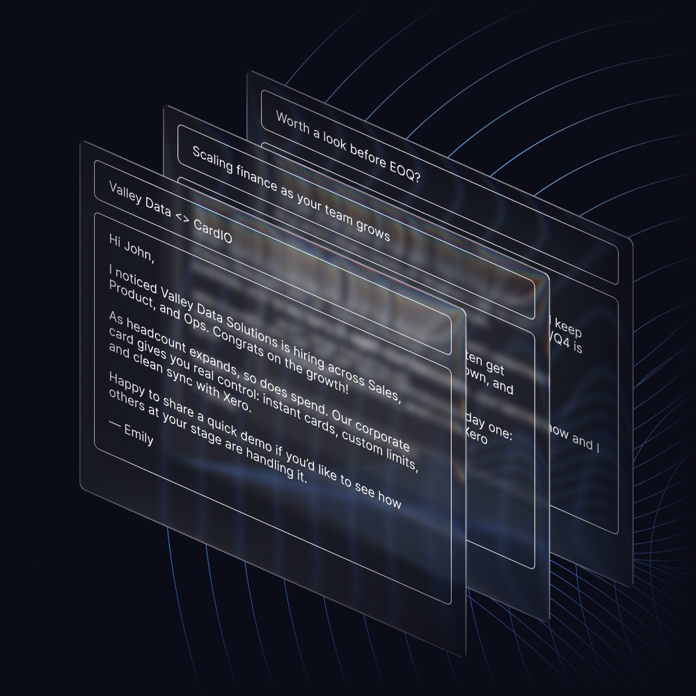 Three-email cold outreach sequence from CardIO to Valley Data Solutions, shown as modals on abstract background.