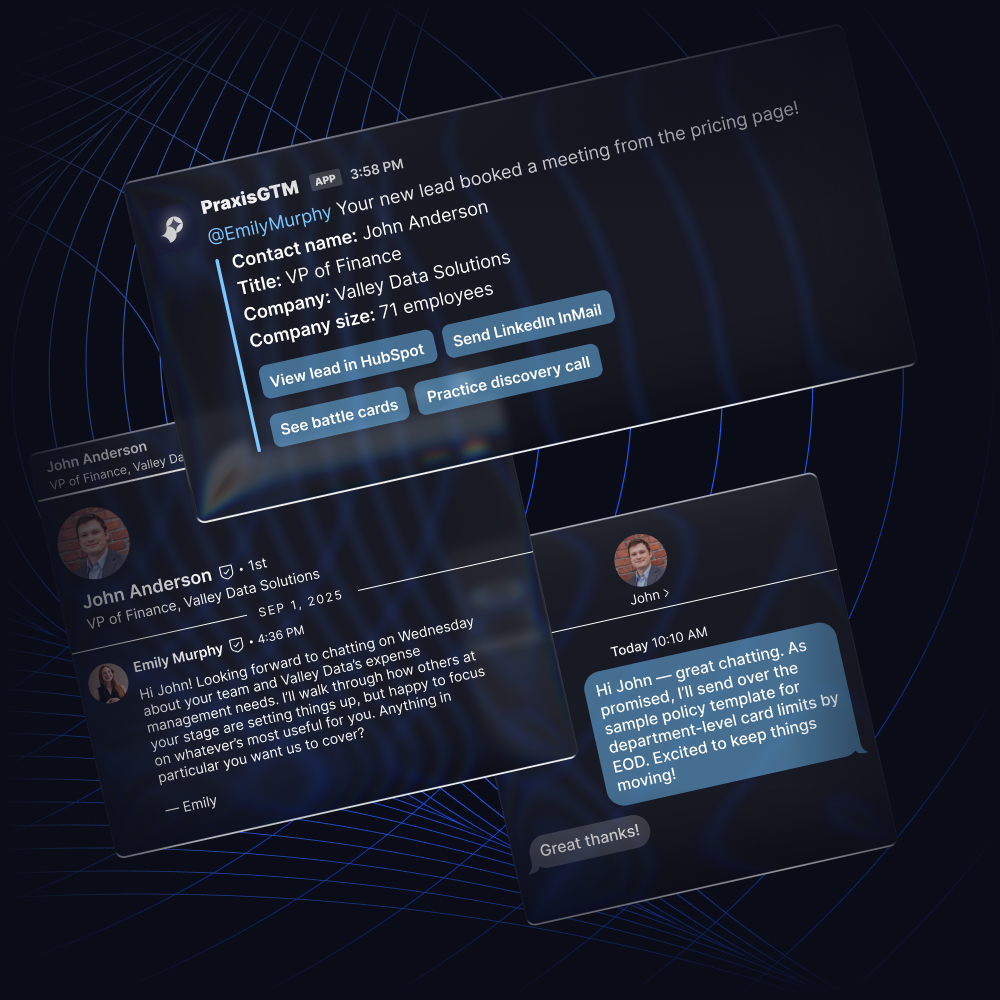 Slack notification of new lead booking a sales meeting, with lead details and outreach message examples.