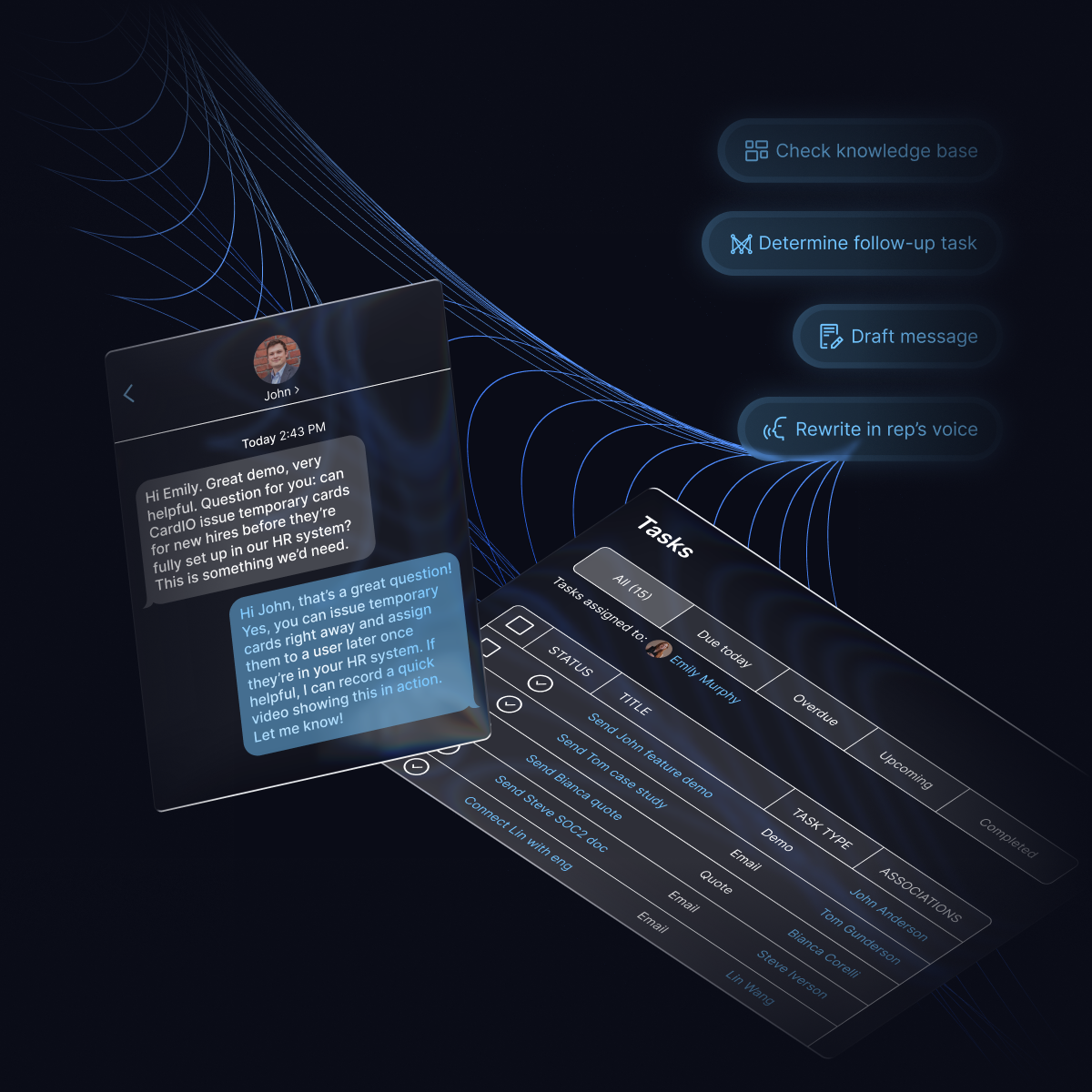 Sales rep SMS follow-up drafted by AI from meeting notes, shown with CRM tasks and logic steps for drafting and rewriting.